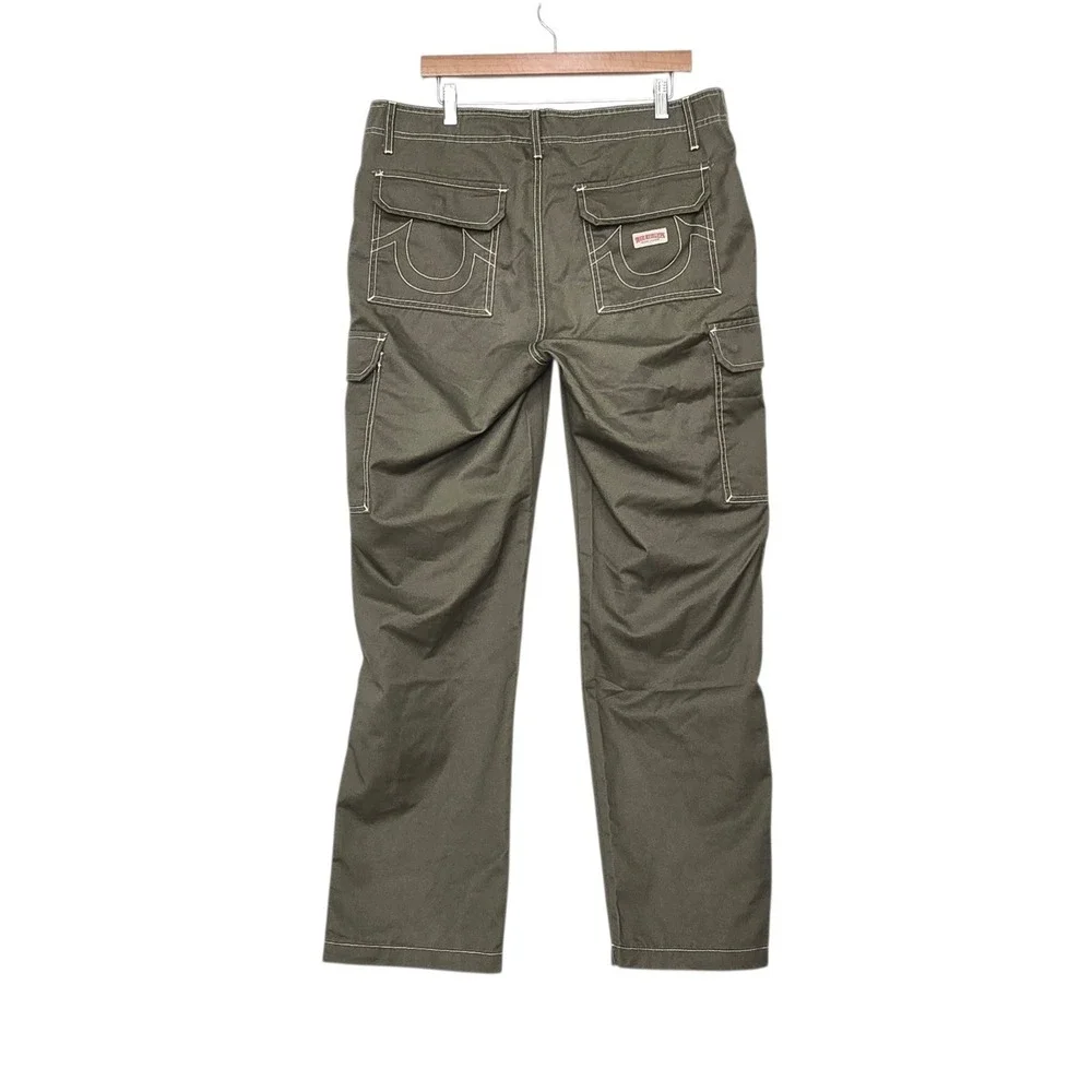 True Religion Mens Olive‎ Green Contrast Stitch Cargo Pants Straight Leg Size 34